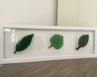 Three Leaf Fused Glass Framed Art. Frame 60cm x 20cm - Large