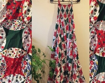 Vintage 70s Green & Red Halter Maxi Dress size Medium