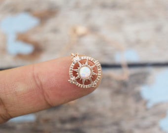 Rose Gold Compass with Opal Stone Charm Necklace, Rose Gold Necklace, Compass Necklace, Minimalist Necklace,Bridesmaid Gift,5088