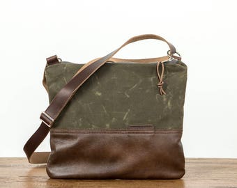 Zip Top Cross Body Day Bag, Waxed Canvas, Crossbody bag, Cross Body Bag, Canvas Crossbody, Waxed Canvas Bag, Canvas Purse, Olive Green