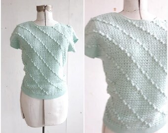 Vintage Mint green Sweater, Crochet Sweater, Sea foam sweater, Pom pom sweater