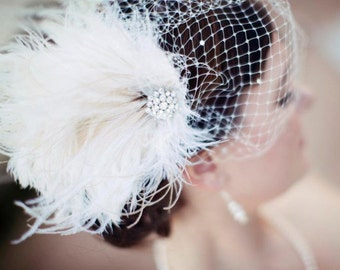 Bridal Feather Fascinator, Bridal Fascinator, Bridal Headpiece, Bridal Hair Accessories, Wedding Hair Accessories, Bridal Veil, Wedding Veil