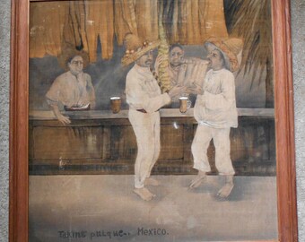 Antique Mexican Painting of Men Drinking in a PULQUERIA circa 1900. RARE.