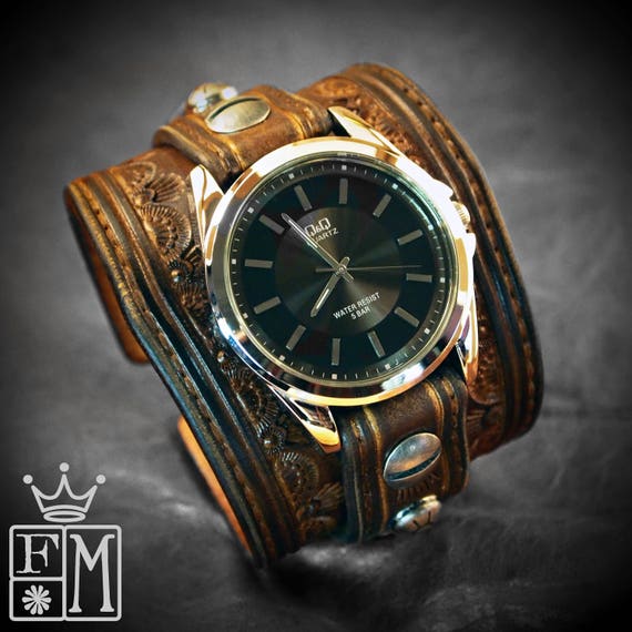 Leather cuff Watch Vintage western stamped style watchband - Made for YOU in New York by Freddie Matara