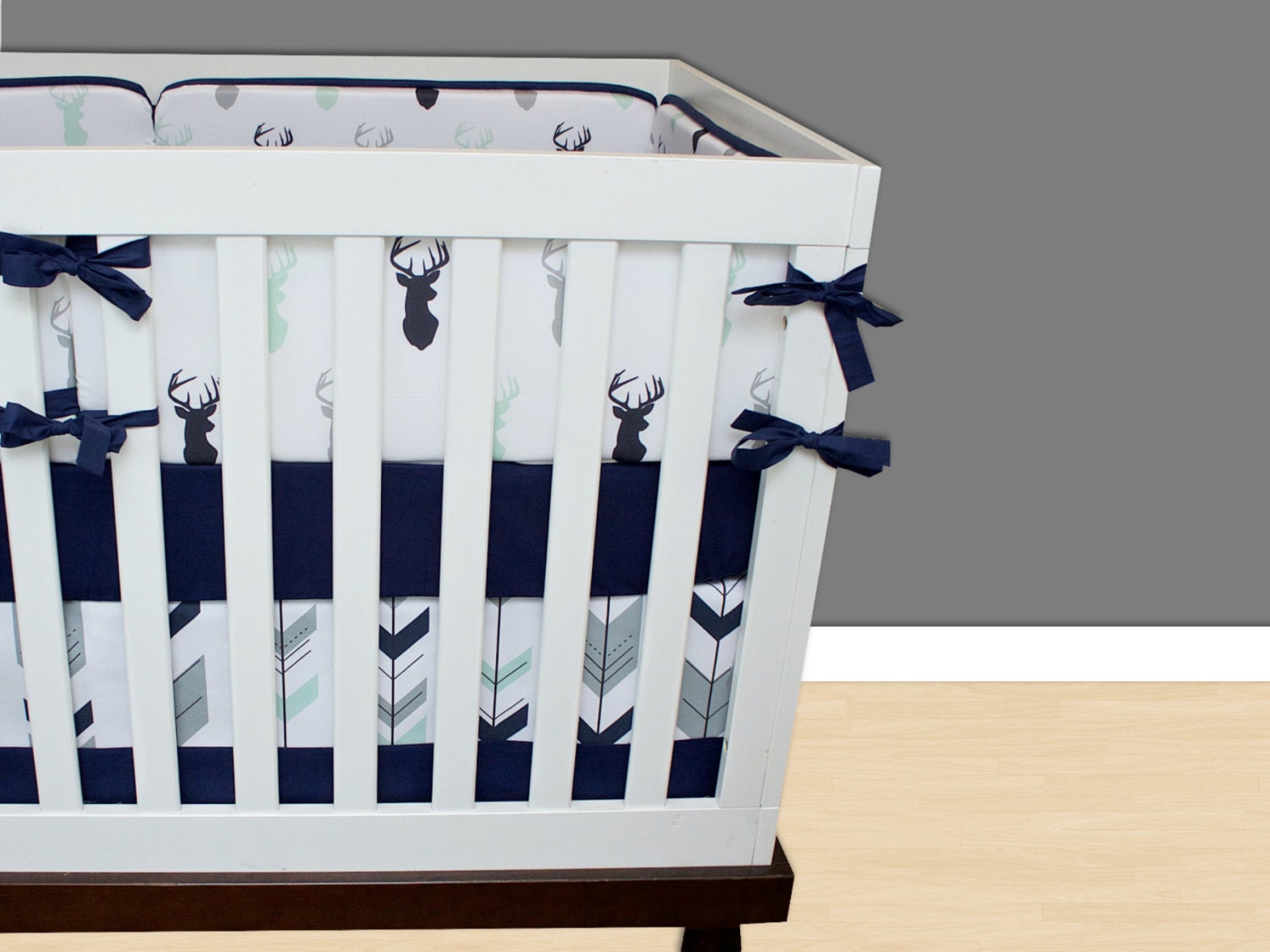 Boy Nursery Bedding Set Deer Crib Mint And Navy Zoom