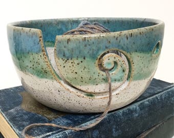 White - Green/Blue Wheel Thrown Yarn Bowl Beach Series- MADE TO ORDER