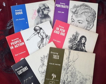 Art books, Learn to Draw, Set of six books, Drawing, Cartoons, Portraits, Trees, People, Dogs and with pen and ink. 1960s