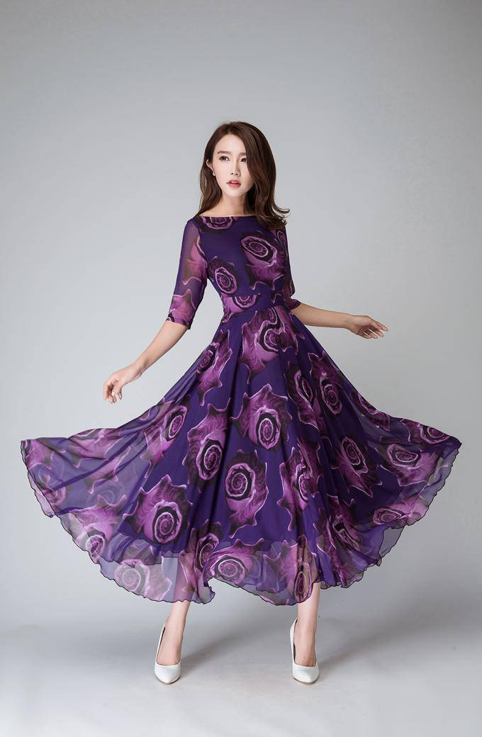 Purple Floral Dress women dresses maxi dress half sleeve