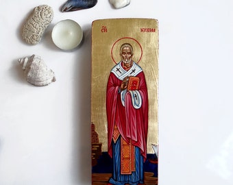 Saint Nicholas icon, Santa Claus Sinterklaas Handpainted Icon Original on wood, 3 x 8 inches