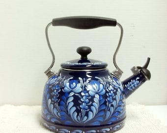 Dark Cobalt Blue, Tea Kettle, Whistling Tea Kettle, Hand Painted, Rosemaling, Scandinavian Design, Swedish Norwegian, Folk Art,