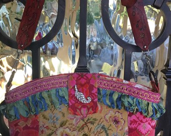 Vintage Needlepoint Bates Velvet Chenille Handbag
