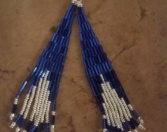 Blue Shimmering Bugle Beaded Sweeper Earrings