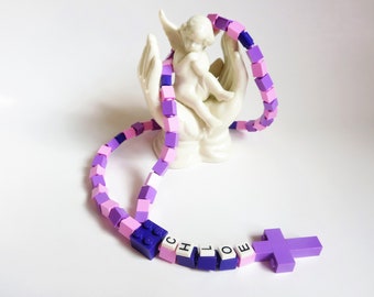 Personalized Pink & Purple Rosary Made With Lego Bricks - First Communion, Baptism, Confirmation Gift