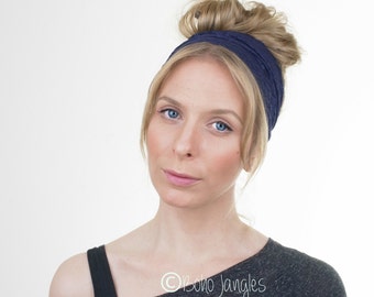 Navy Blue Lace Headband, Wide Lace stretchy Headband Hairband, Rustic Wedding, Elastic Headband, Womens Headband