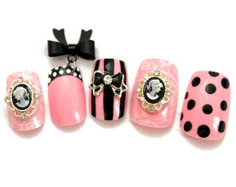 Pink and Black Kawaii Lolita Press On Nails | Gyaru Hime Cosplay Press On Nails | Kawaii Japanese Style Nails | Square Coffin Stiletto Nails