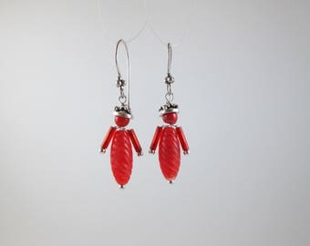 Vintage Bead "Queen of Hearts" Earrings with Red Coral on Sterling Silver
