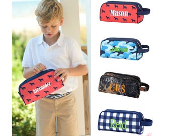 Personalized Toiletry Bag Mens Boys Travel Pouch Monogrammed Embroidered Tan Brown Shark Plaid Navy Green Natural Camo Woods Black