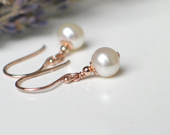 Pearl Earrings | 6mm White Freshwater Pearls | 14k Rose Gold Filled | Leverbacks | Petite Pearl Dangles | Birthday Gift | Everyday Pearl