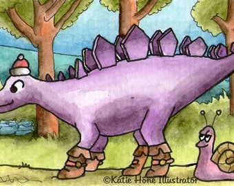 Stegosaurus dinosaur hat snail art miniature art ATC Gift Art Trading Card Whimsical - Original ART ACEO Watercolor - Katie Hone