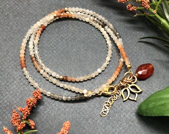 Multi-Colored Moonstone Wrap Bracelet with Carnelian Dangle and Gold Lotus Charm