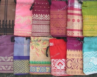 Recycled Sari Drawstring Gift Bags, 12 Gift Pouches 3 x 2" Fabric Gift Bags, Multi Colored India Gift Bags, Handcrafted Bags MS-033-48