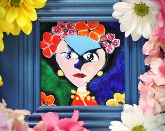 Handmade Enameled Painting Frida Kahlo Mexican Painter Blue White Yellow Pink Red Orange Color Colorful Enamel on The Copper Flowers
