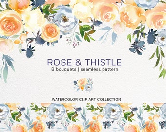 Rose & Thistle Watercolor Floral PNG Clipart Collection Peach Roses White Peonies Blue Thistle Leaves Bouquets Floral Drop Seamless Pattern