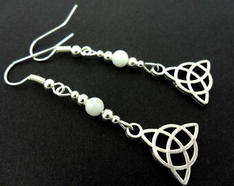 A pair of tibetan silver & white jade bead celtic knot dangly earrings. new.