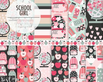 SCHOOL GIRL digital paper kit. Back to school backpack, apples, globes, pencil, flower and heart digital papers for girls,