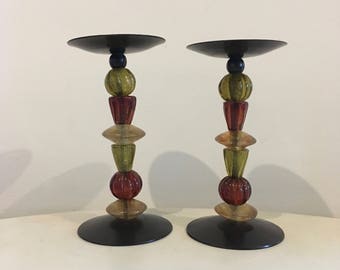 Pair of Glass Beaded Candlesticks Candle Holders Lovely for Christmas