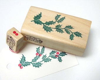 Hand Carved Rubber Stamp, Holly Leaves set of 2