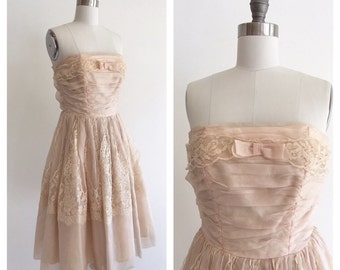 Vintage 1950s Blush Pink Silk Organza and Lace Strapless Party Dress with Bow Detail