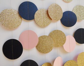 Gold Glitter, Blush Pink and Navy Blue Paper Garland, Baby Shower Decor, Bridal Shower, Wedding Reception Decoration