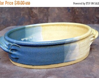 BTS Blue & Brown Stoneware Oval Serving Platter bowl 12" x 8 1/2" marked Hadley