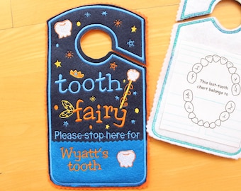 Tooth fairy door hanger, personalized tooth pocket, Please stop here, fairy money pocket, custom,alternative to tooth pillow,boy,girl TF2
