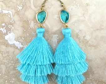 Long Aqua Gemstone Earrings, Handmade Tassel Earrings, Aquamarine Earrings, Aqua Gemstone Earrings, Light Blue Earrings, Weddings, Bridal