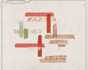 Shabby Christmas, Washi Tape Set, For The Holidays, Digital Scrapbook Elements, Red and Green, Instant Download, Deer, Stripes, Snowflakes
