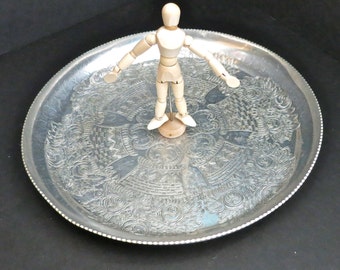 Vintage Hammered Round Aluminum Tray, Round Ornate Hand Wrought Aluminum Tray, Made in Brooklyn, New York, U.S.A. Wilson Specialties Co.Inc