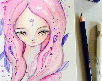 Pink flower girl Watercolor painting, girl portrait, semi-realistic, ooak, whimsical art, 8x5", girl and lowers, mystic art, pink, purple