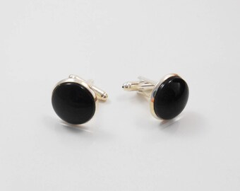 Cuff links with black, white glass cabochon iridescent or iridescent ivory