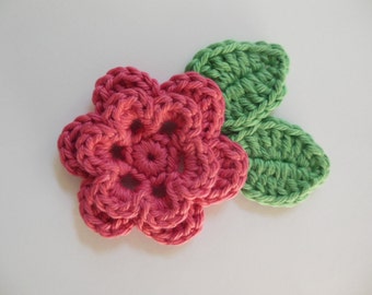 Crocheted Flower with Leaves - Rose Pink and Apple Green - Cotton Yarn - Crocheted Flower and Leaf Appliques