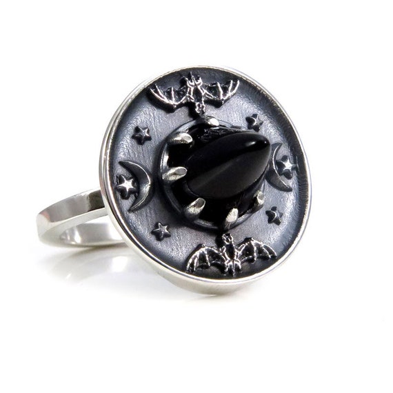 Onyx and Sterling Silver Witch Hat Ring with Bats, Moons and Stars - Limited Edition