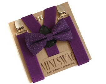 Plum Bow Tie and Suspenders, Purple Birthday Outfit, Ring Bearer Outfit, Toddler Suspenders, Baby Bowtie Set, Wedding Suspenders Purple