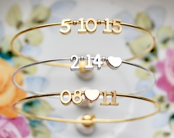 Date Bangle Bracelet - Date Bracelet, Wedding Date, Anniversary Date Bracelet, Bridesmaid Gift, Personalized Gift, Valentine's Gift For Her