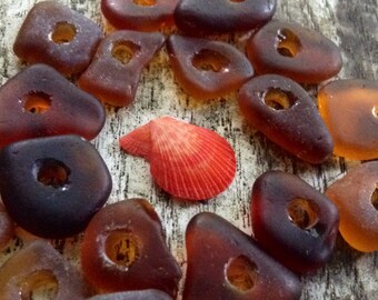 SEA DOTS...15 small brown sea glass pieces,glass beads, jewelry supplies,fall natural, upcycle