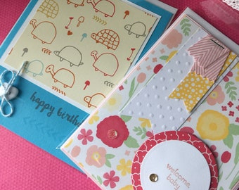 2 cards set: Welcome Baby and Happy Birthday handmade cards flowers turtles