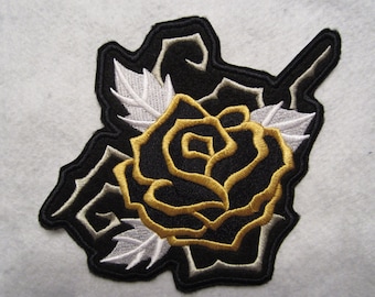 Embroidered Black And Gold Iron On Rose Patch, Rose Applique, Rose Patch, Iron On Patch, Iron On Rose Patch