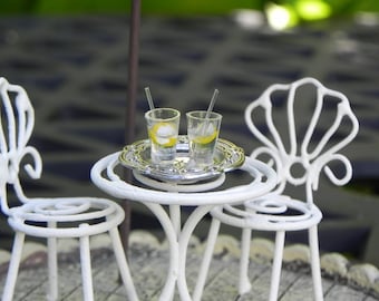 Miniature Lemonade Glasses fairy garden accessories on pewter tray - fairy garden miniatures