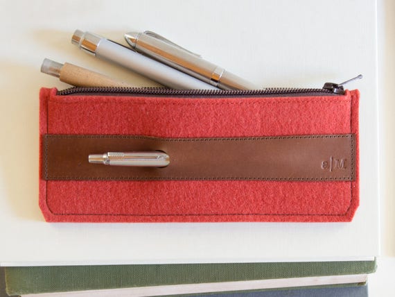 Felt and leather PENCIL CASE, sunglasses case, pen holder, orange and brown, wool felt, handmade, made in Italy