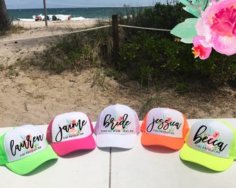 Neon CUSTOM Bachelorette Hats / FLORAL background with NAME Trucker Hat / Bridal Party / Bridesmaids Maid of Honor / Pool Party